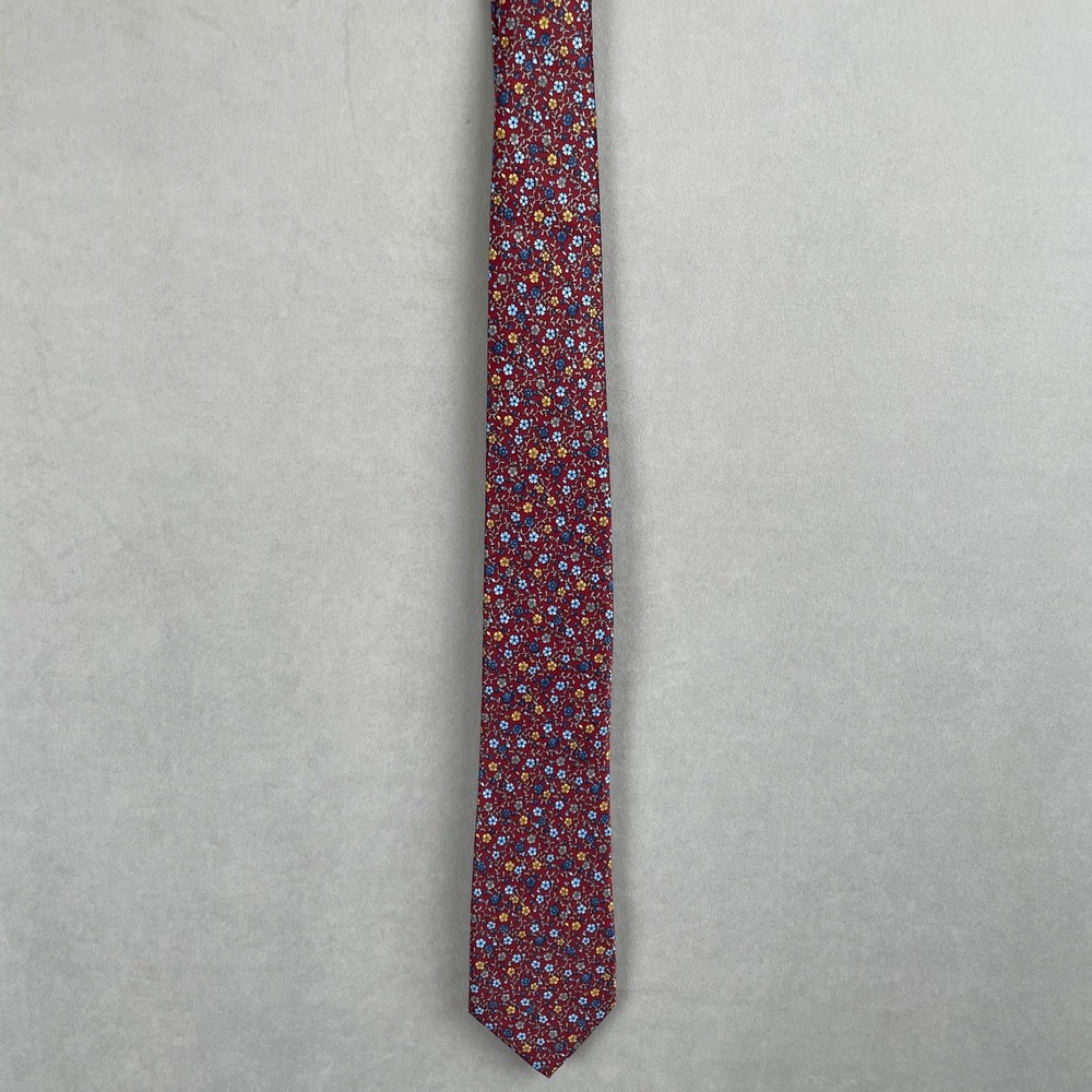VTG Pierre Cardin Mens Red Blue Ditsy Floral Hand Made Poly Necktie Cottage Prep
